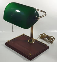 Rare Style Vintage Green Glass and Brass Wood Based Banker's Lamp