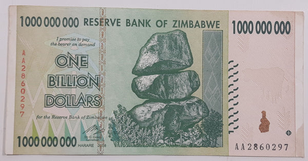 2008 Reserve Bank of Zimbabwe 1,000,000,000 Dollars Paper Money Bank Note Currency