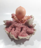 Vintage Kewpie Cupie Baby in Pink and white Knitted Dress Plastic 6 1/2" Tall Doll Made in Korea