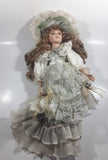 Vintage Victorian Style Light Green and White Dress 19" Tall Porcelain Doll