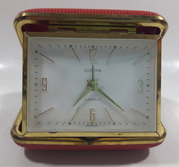 Vintage Europa Germany 2 Jewels Red Cased Travel Pocket Wind-Up Alarm Clock - Working