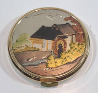 Vintage Sakura Art of Chokin Cottage with Water Wheel Design Powder Makeup Compact