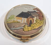 Vintage Sakura Art of Chokin Cottage with Water Wheel Design Powder Makeup Compact