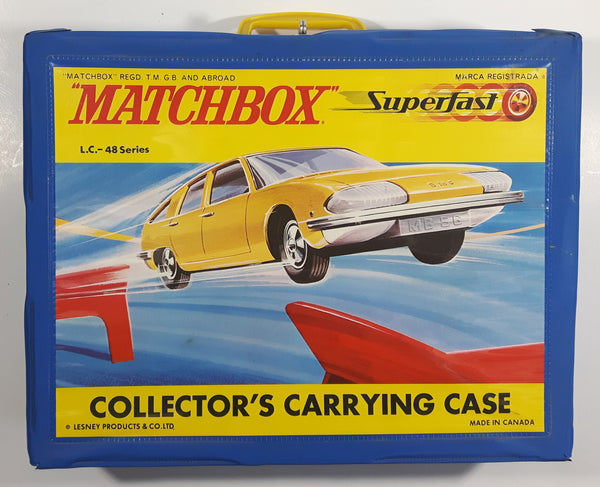 Vintage 1970 Lesney Matchbox Super Fast Light Blue 48 Car Collector's Carrying Case with Yellow BMC Pininfarina Graphics - Missing 2 Trays