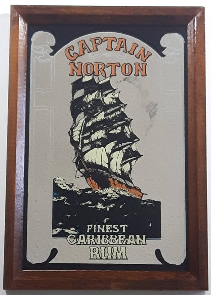 Vintage Captain Norton Finest Caribbean Rum Ship 9 1/2" x 13 1/4" Wood Framed Pub Mirror