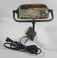 Beautiful Tiffany Style Dolphin Themed Stained Glass and Brass Dolphin Base Banker's Table Lamp Light 9 1/2" Tall