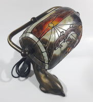 Beautiful Tiffany Style Dolphin Themed Stained Glass and Brass Dolphin Base Banker's Table Lamp Light 9 1/2" Tall