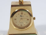 My's Railroad Crossing 4 1/2" Tall Gold Tone Metal Miniature Quartz Clock - Needs A Battery
