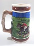 Vintage Horse Jumping Racing Large Embossed Ceramic Pottery Beer Stein 7 3/8" Tall - Cracks