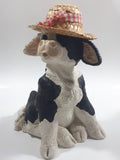 1994 Enesco Kathy Wise Black and White Sitting Calf Cow With Hat 8 1/4" Tall Heavy Resin Sculpture