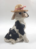 1994 Enesco Kathy Wise Black and White Sitting Calf Cow With Hat 8 1/4" Tall Heavy Resin Sculpture