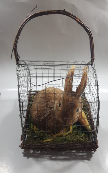 Bunny Rabbit with Carrot in Metal and Wood Cage