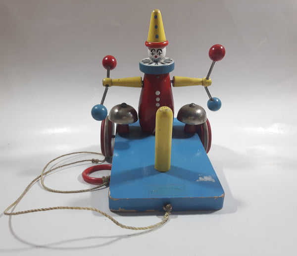 Brio Blue Red Yellow Clown Ringing Bells Vehicle Pull String Toy Missing Front Wheels