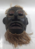 African Style or Indonesian Style Hand Carved Wood Wall Mask With Woven Rope Hair and Beard