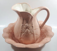Vintage Flower Embossed Pitcher and Bowl Pink Ceramic Pottery Jug