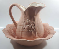 Vintage Flower Embossed Pitcher and Bowl Pink Ceramic Pottery Jug