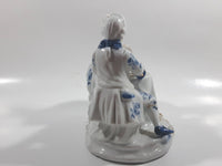 Vintage French Colonial Man and Woman Sitting At A Table Drinking Tea Blue and White Porcelain Victorian Style Decorative Ornament