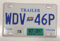 Oct. 2017 British Columbia White with Blue Letters Metal Trailer License Plate Tag WDV 46P