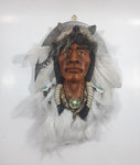 Native Indian with Wolf Head and White Feathers Oval Wall Plaque