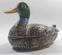 Vintage Hand Painted Mallard Duck Ceramic Pottery Trinket Box Dish with Lid 9" Long