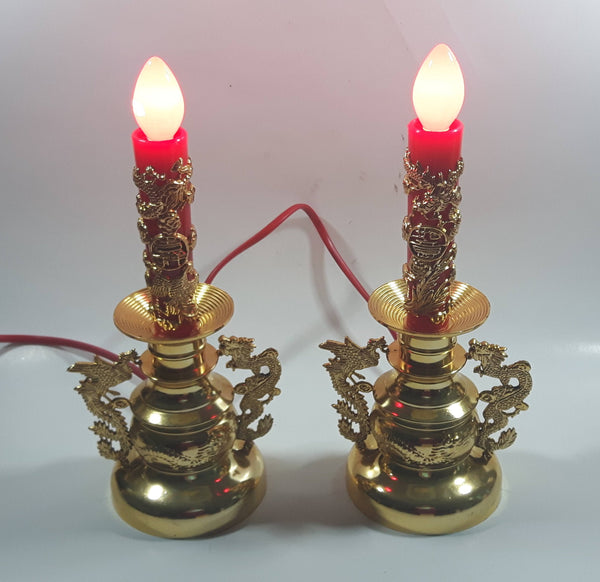 9" Tall Gold Look Plastic Dragon and Pheasant Bird Themed Red Bulb Candle Shaped Lamps