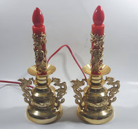 9" Tall Gold Look Plastic Dragon and Pheasant Bird Themed Red Bulb Candle Shaped Lamps