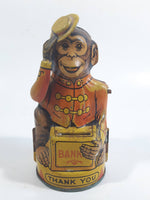 Antique 1930s J Chein Circus Monkey "Thank You" Tin Litho Metal Coin Bank - Salutes with Coin - Working - 6" Tall
