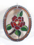 Vintage Rose Flower 9" x 12" Oval Shaped Leaded Stained Glass Window Sun Catcher