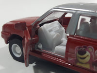 Unknown Brand CS13 Taxi Cab with "Hug Me" Bear on the Side Red and Silver Pullback Friction Motorized Die Cast Toy Car Vehicle with Opening Doors - Missing Roof Light