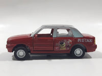 Unknown Brand CS13 Taxi Cab with "Hug Me" Bear on the Side Red and Silver Pullback Friction Motorized Die Cast Toy Car Vehicle with Opening Doors - Missing Roof Light