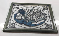 Vintage Bow Rapped Bouquet of Flowers Blue and Green Painted Stained Glass 18" x 22" Wood Framed Wall Hanging