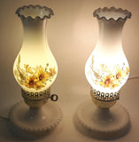 Vintage White Milk Glass Style Hobnail Base Yellow Flower Decor 13" Tall Oil Lantern Lamp Light Set of 2