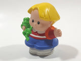 2001 Little People Blonde Hair Red and white Shirt Blue Pants Holding Green Frog 2 1/4" Tall Toy Figure