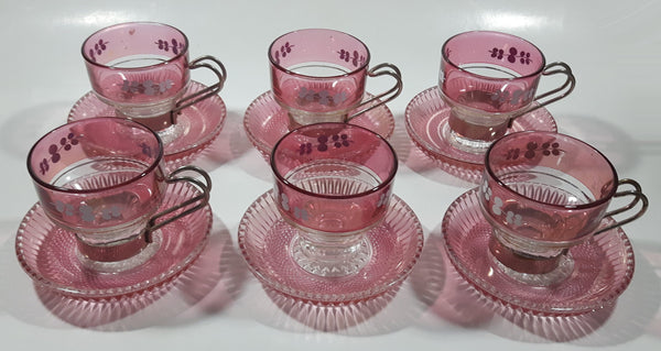 Vintage Pink and Clear Glass White Flowers Metal Handle Espresso Cup and Saucer Plate Set of 6 - One Handle Missing