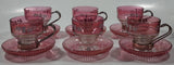 Vintage Pink and Clear Glass White Flowers Metal Handle Espresso Cup and Saucer Plate Set of 6 - One Handle Missing