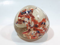 Orange White and Blue Lily Style Flowers Round Clear Art Glass Paperweight 2" Tall