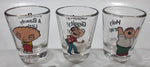 2004 Fox Family Guy Cartoon Characters Stewie Griffin, Peter Griffin, Glenn Quagmire 2 1/4" Tall Clear Glass Shooter Shot Glass Lot of 3