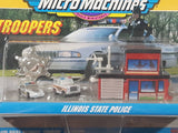 Extremely Rare Preproduction 1993 Galoob Micro Machines Troopers #8 Illinois State Police Cops Die Cast Miniature Toy Car Vehicles, Badge and Building Set 65400 New in Package