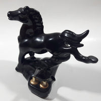 Vintage 1970s Black Horse Kicking Leg Black Ceramic Animal Sculpture Pen Holder