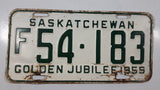 Vintage 1955 Saskatchewan Golden Jubilee Green Lettering White Vehicle License Plate Metal Tags F 54-183