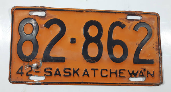 Vintage 1942 Saskatchewan Blue Lettering Orange Vehicle License Plate Metal Tags 82-862