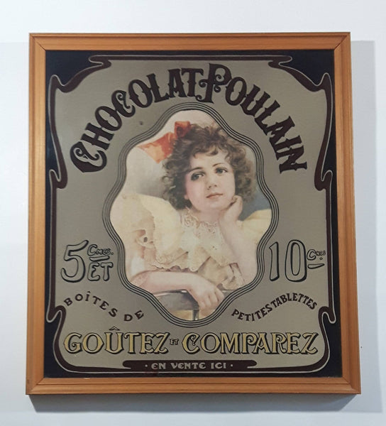 Vintage Chocolat Poulain 16 1/4" x 18 1/4" Wood Framed Glass Advertising Mirror