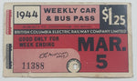 Antique 1944 British Columbia Electric Railway Company Limited Weekly Car & Bus Pass $1.25 Mar 5 #11388 Paper Card