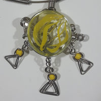 Wire Wrapped Clear and Yellow Art Glass Dangling Yellow Bead Triple Triangles 15" Long