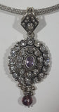 Purple and Clear Rhinestone Dangle Bead Metal Hollow Chain Necklace 14" Long