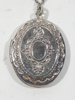 Vintage Victorian Style Floral Engraved Silver Tone Metal Opening Photo Locket Necklace