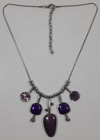 Purple Polished Stone with Pink Rhinestone Necklace 14" Long