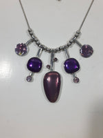 Purple Polished Stone with Pink Rhinestone Necklace 14" Long