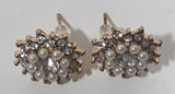 Pearl and Clear Rhinestone Gold Tone 5/8" Diameter Pin Back Earrings