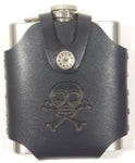 7 oz. Curved Stainless Steel Pocket Flask with Skull and Cross Bones Faux Leather Holder Case